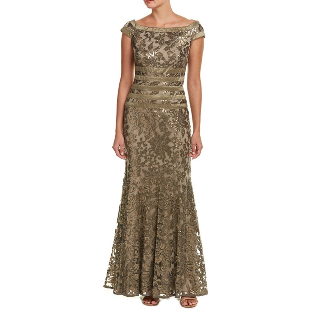 Tadashi Shoji Embroidered Lace Boatneck Cap Sleeve Gown